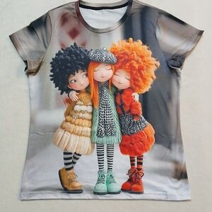 Cute Whimsical Friends All Over Print Front and Back Graphic T-shirt Women's S